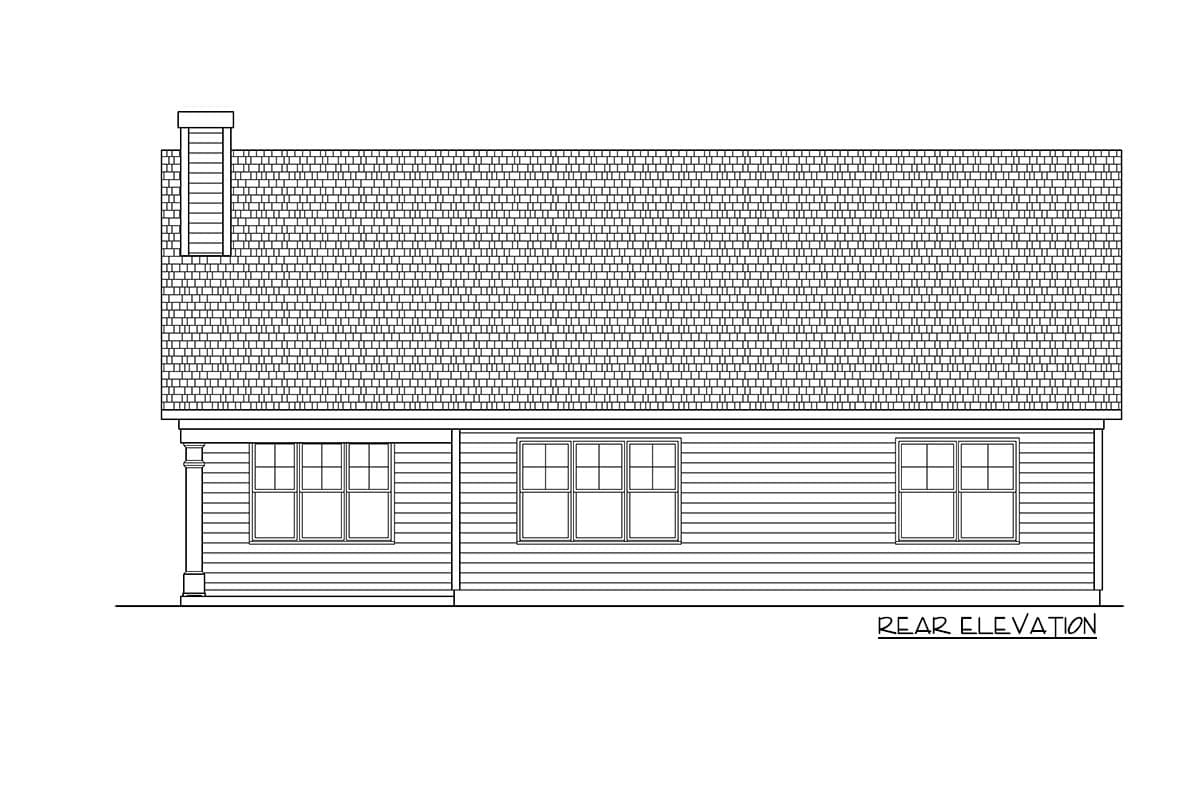 Rear elevation drawing of a house plan showing clapboard siding, a pitched roof, a chimney, and multiple windows.