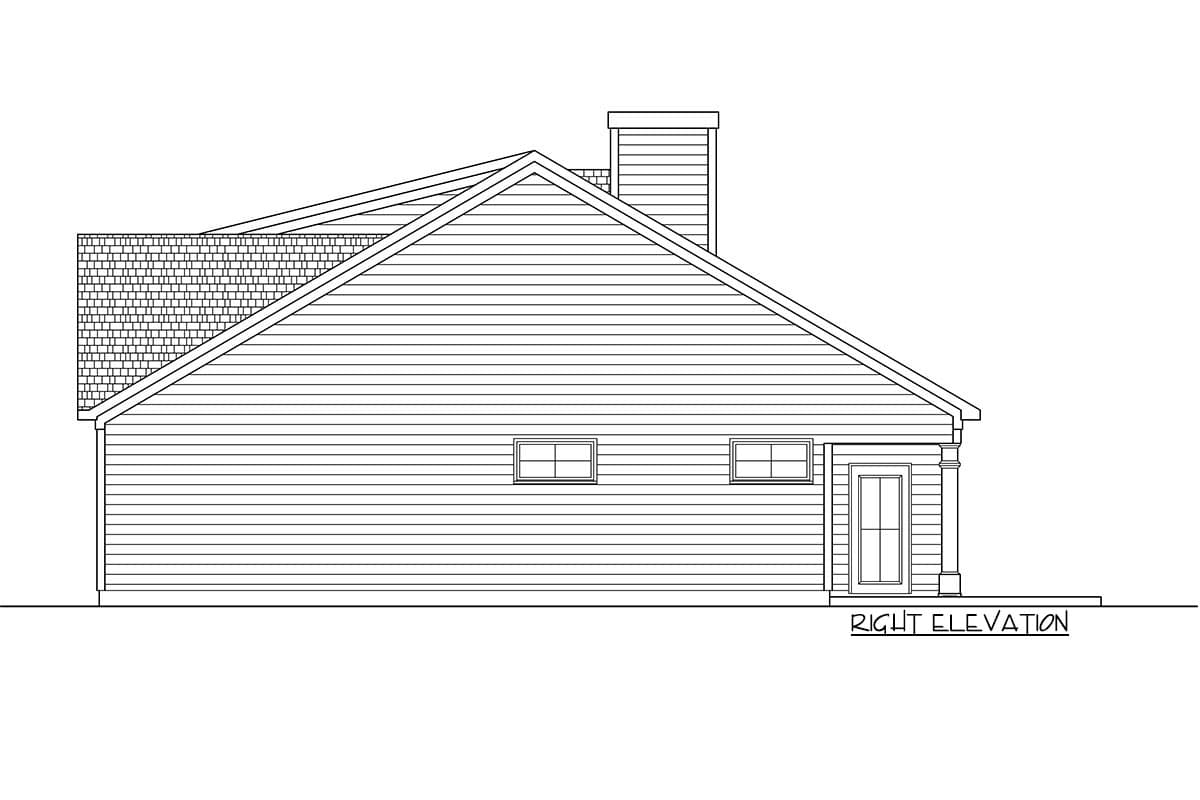 Right elevation house plan showing a pitched roof, two windows, a door with columned surround, and a chimney.