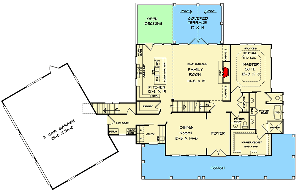 Plan 360056DK: Two-Story Country House Plan with Optional Bonus Room Above Garage - 2584 Sq Ft - Floor Plan - Main Level - Country, Craftsman, Traditional