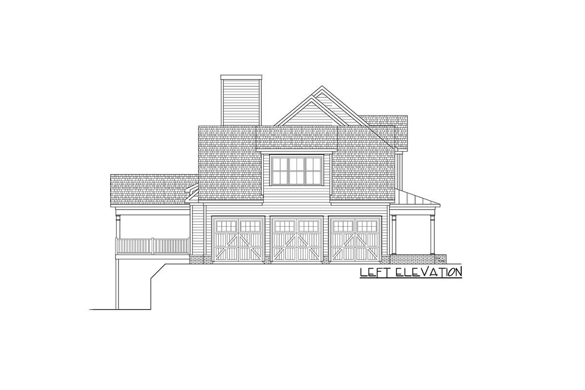 Left elevation drawing of a house plan featuring a three-car garage, covered porch, and gabled rooflines.