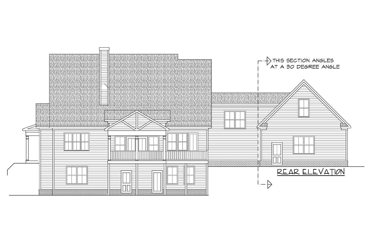 Rear elevation house plan with gabled dormer, two stories, central upper-level balcony, and multiple windows.