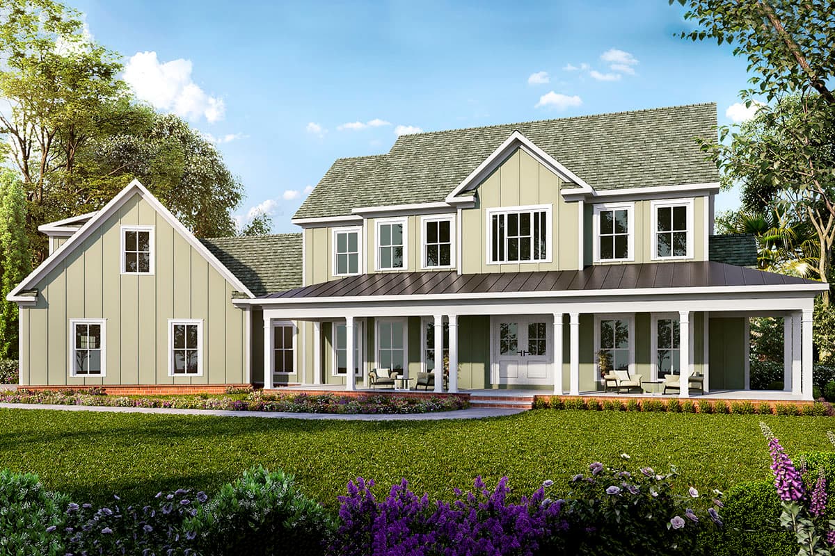 House plan exterior featuring a two-story farmhouse style with a wraparound porch, gabled roof, and multiple dormers.