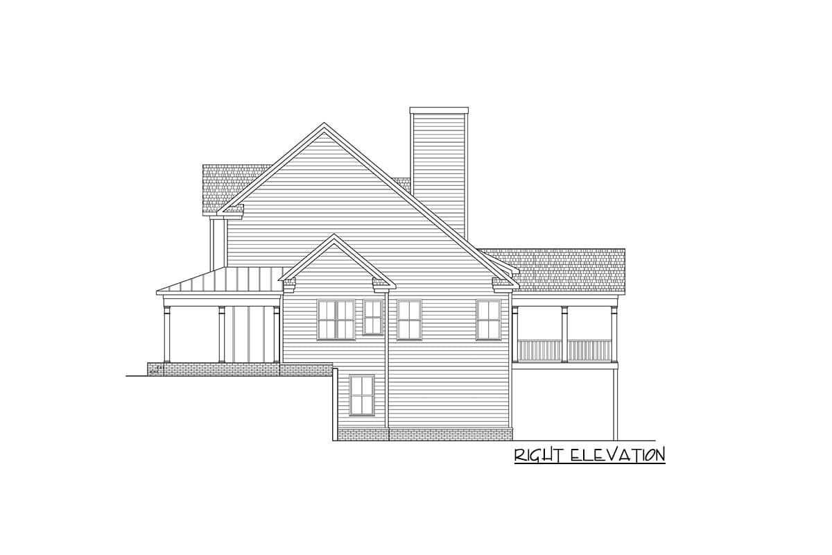 Right elevation house plan drawing showing a two-story structure with gables, a chimney, and covered porches on two sides.