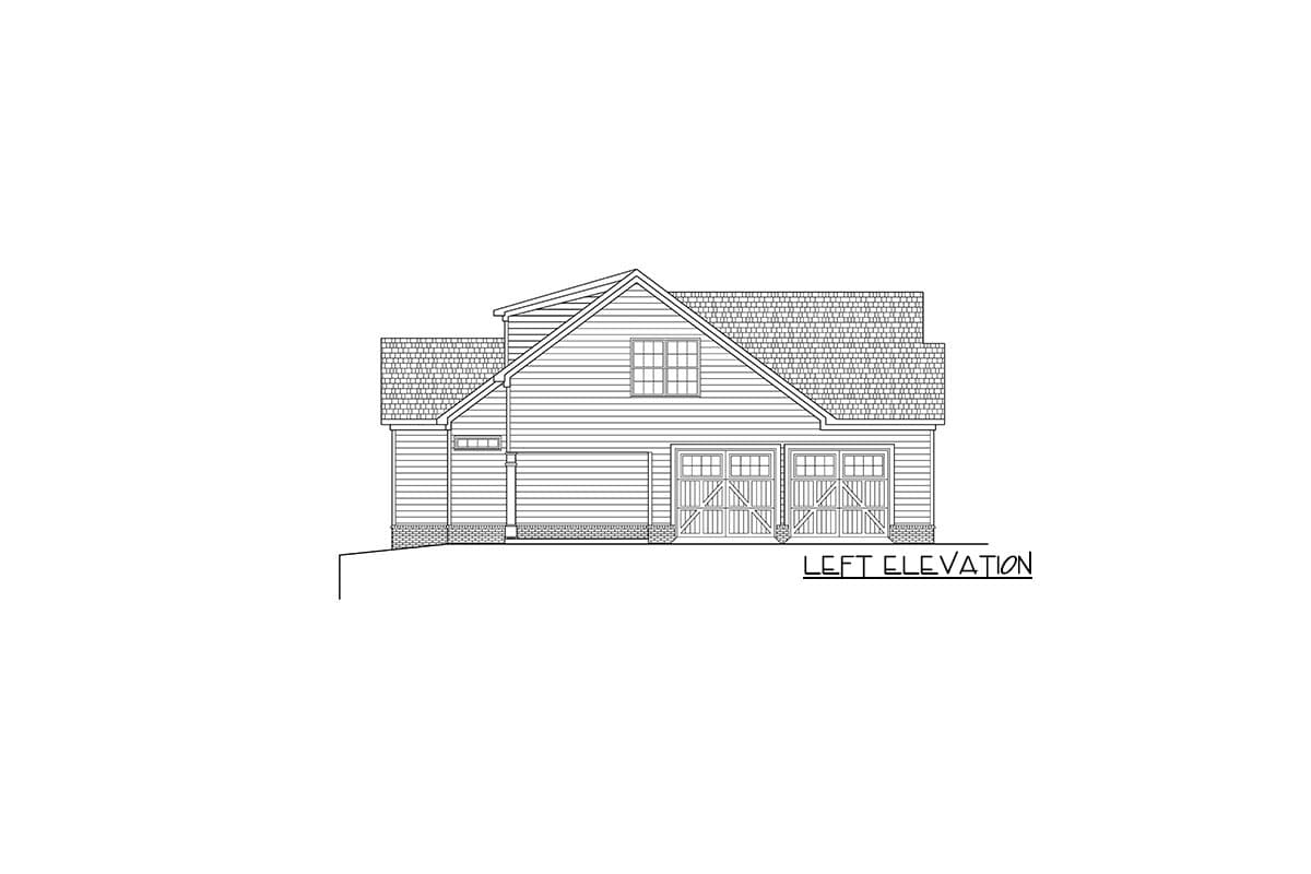 Left elevation house plan with gabled roof, double garage doors with decorative cross-bracing, and a dormer window.