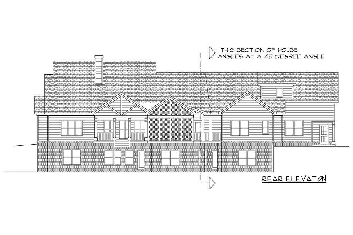 Rear elevation house plan drawing showing multiple gables, covered porches, and brick foundation.