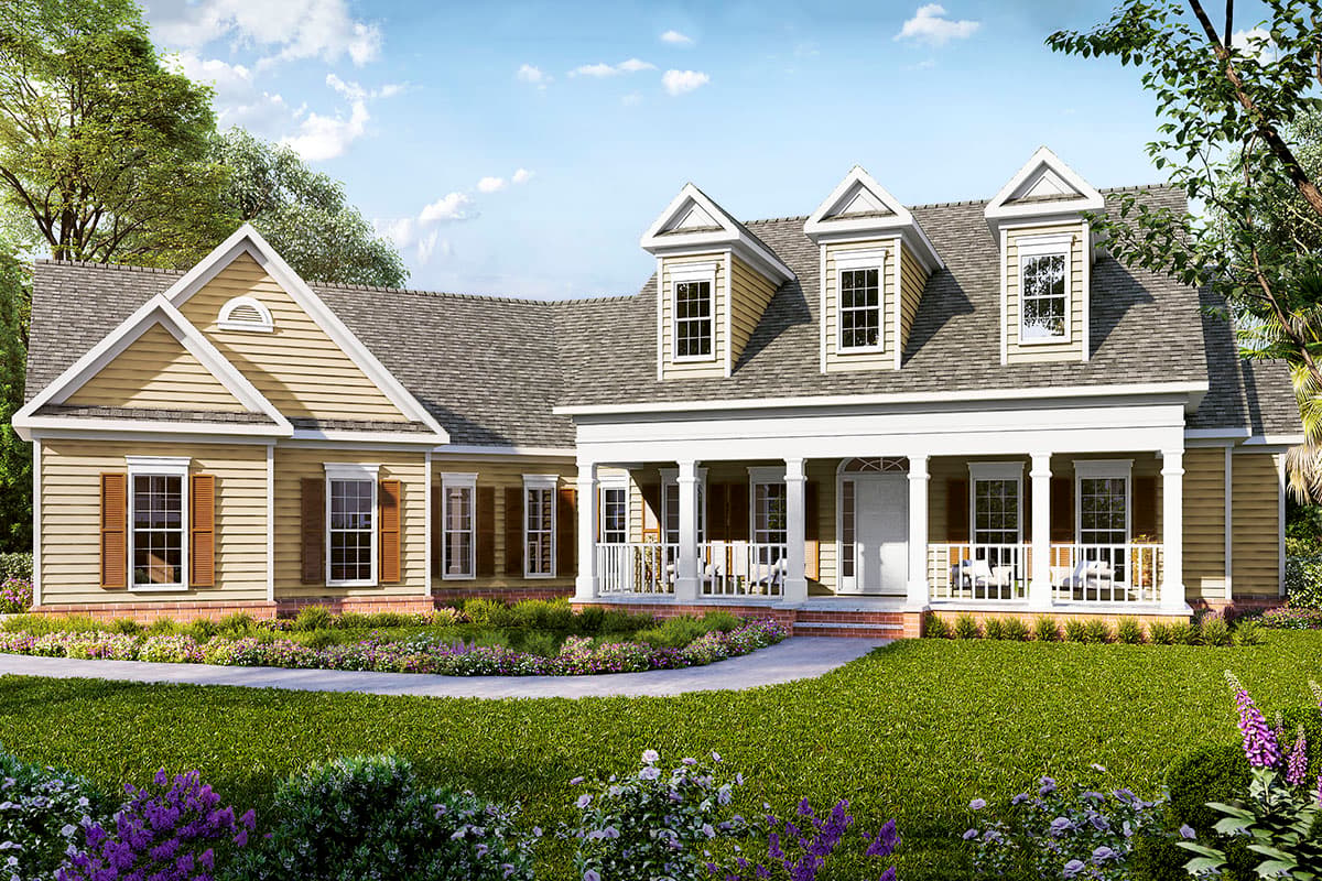 House plan exterior with two stories, a covered porch with columns, gabled dormers, and a prominent roofline.