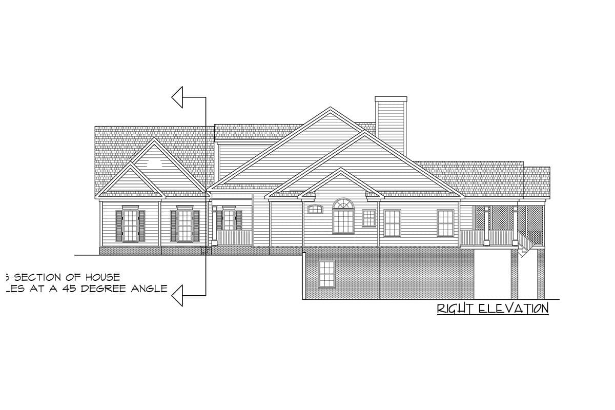 House plan right elevation showing a two-story structure with gables, multiple windows, a chimney, and a screened porch.