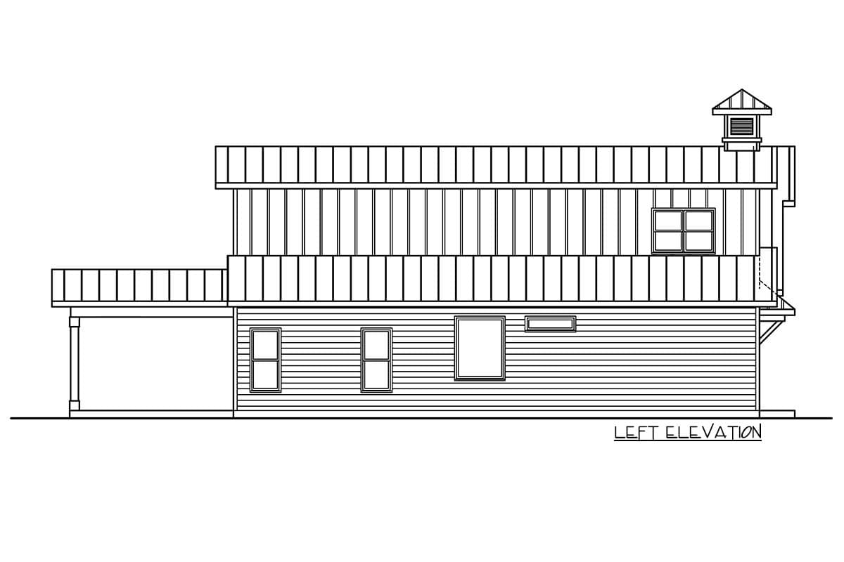 Left elevation drawing of a two-story house plan with a porch, metal roof, and cupola.