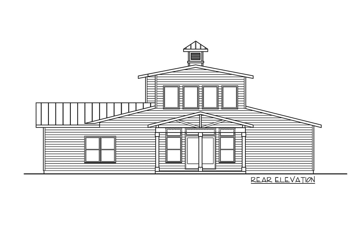 Rear elevation house plan with a prominent cupola, double entry doors, and varied rooflines.