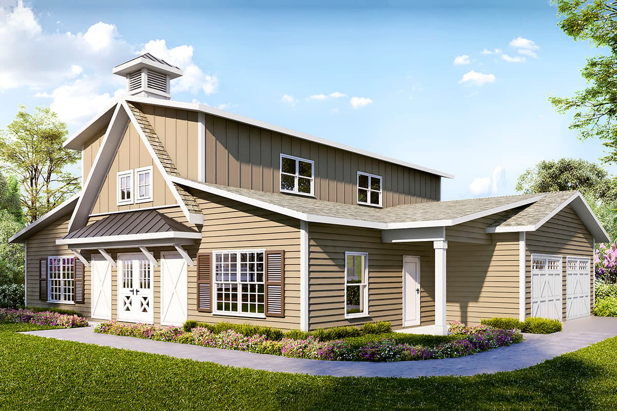 House plan exterior. Two-story Modern Farmhouse style with a cupola, gabled roof, and attached garage. Includes a covered front porch and dormers.