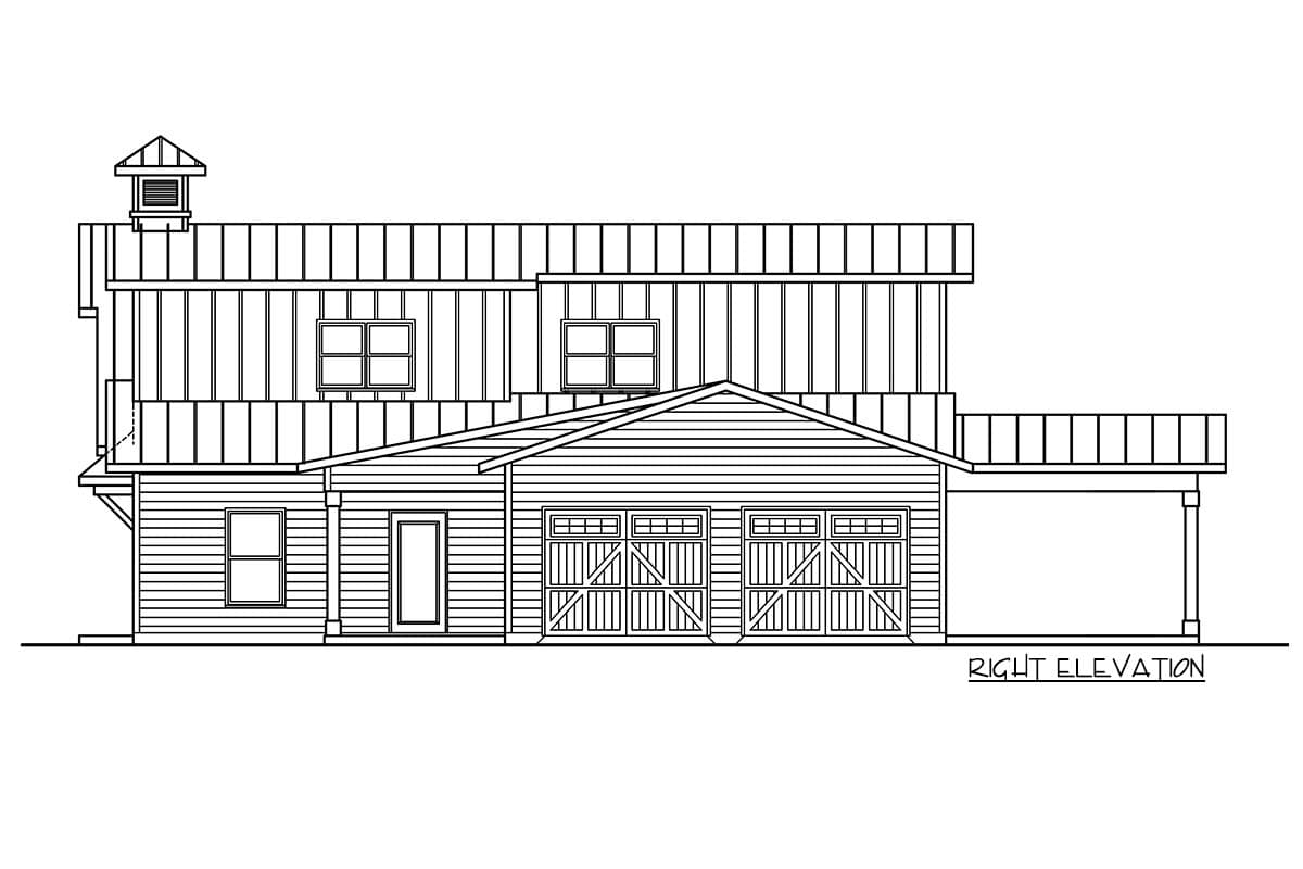Right elevation drawing of a house plan with a two-car garage, multiple gables, and a cupola.