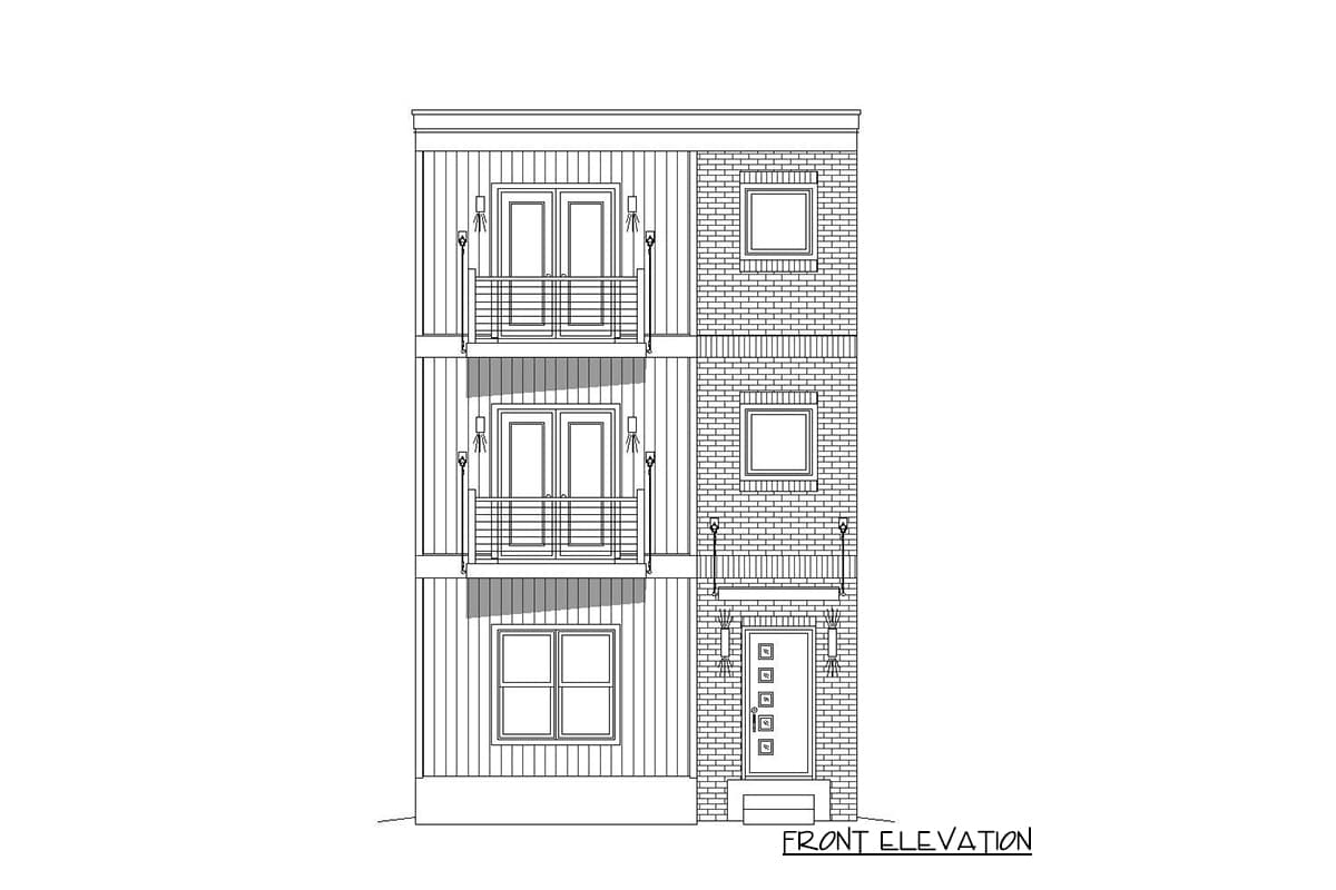 Front elevation drawing of a three-story house with vertical siding, brick facade, balconies, and a central entry.