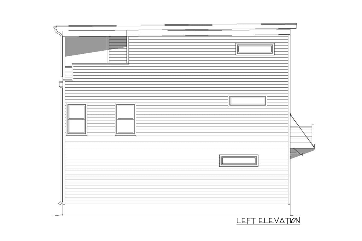 Left elevation of a house plan showing horizontal siding, a balcony, and rectangular windows.