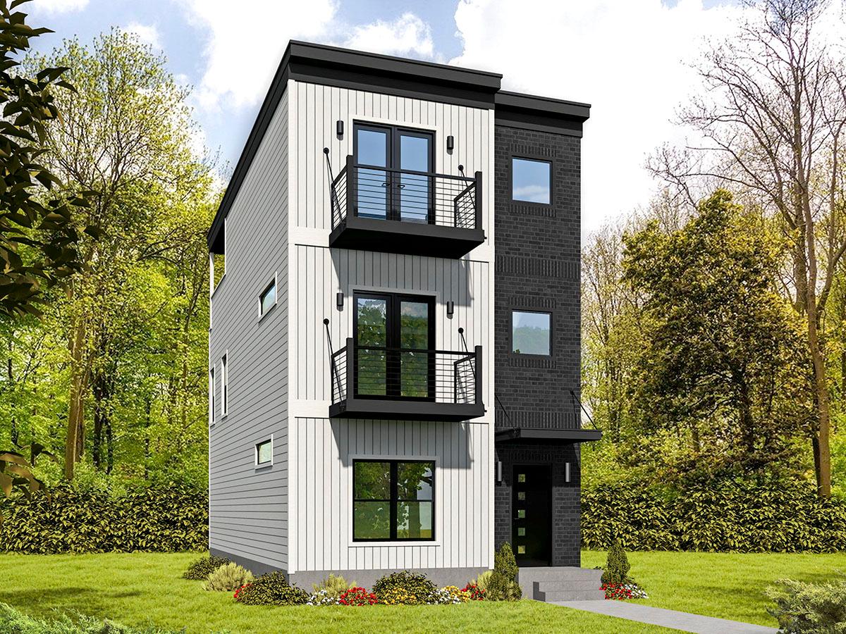 House plan exterior featuring a modern style, three stories, balconies, a flat roof, and contrasting siding with brick accents.