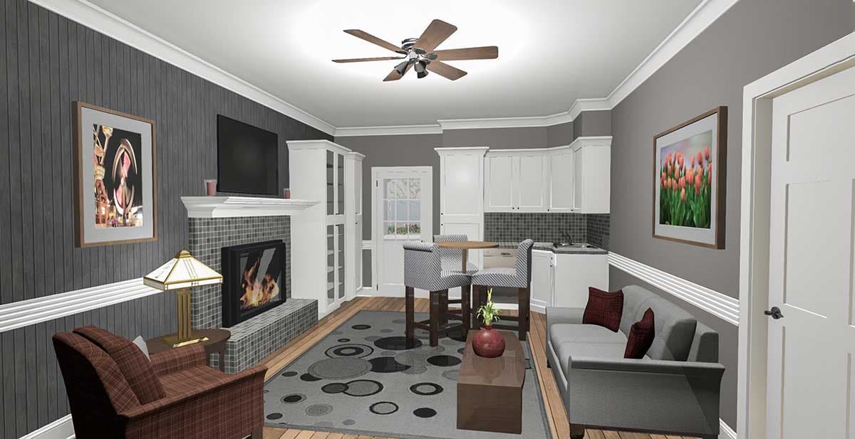 Interior rendering of a living area with fireplace, kitchen, and seating, showing an open layout and modern farmhouse design elements.