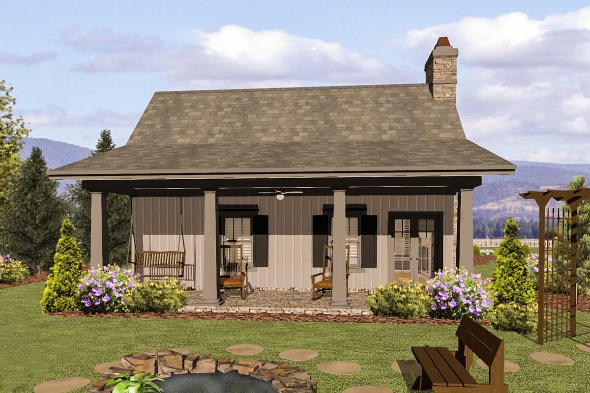 House plan exterior: One-story cottage with a covered front porch, stone chimney, and board-and-batten siding.