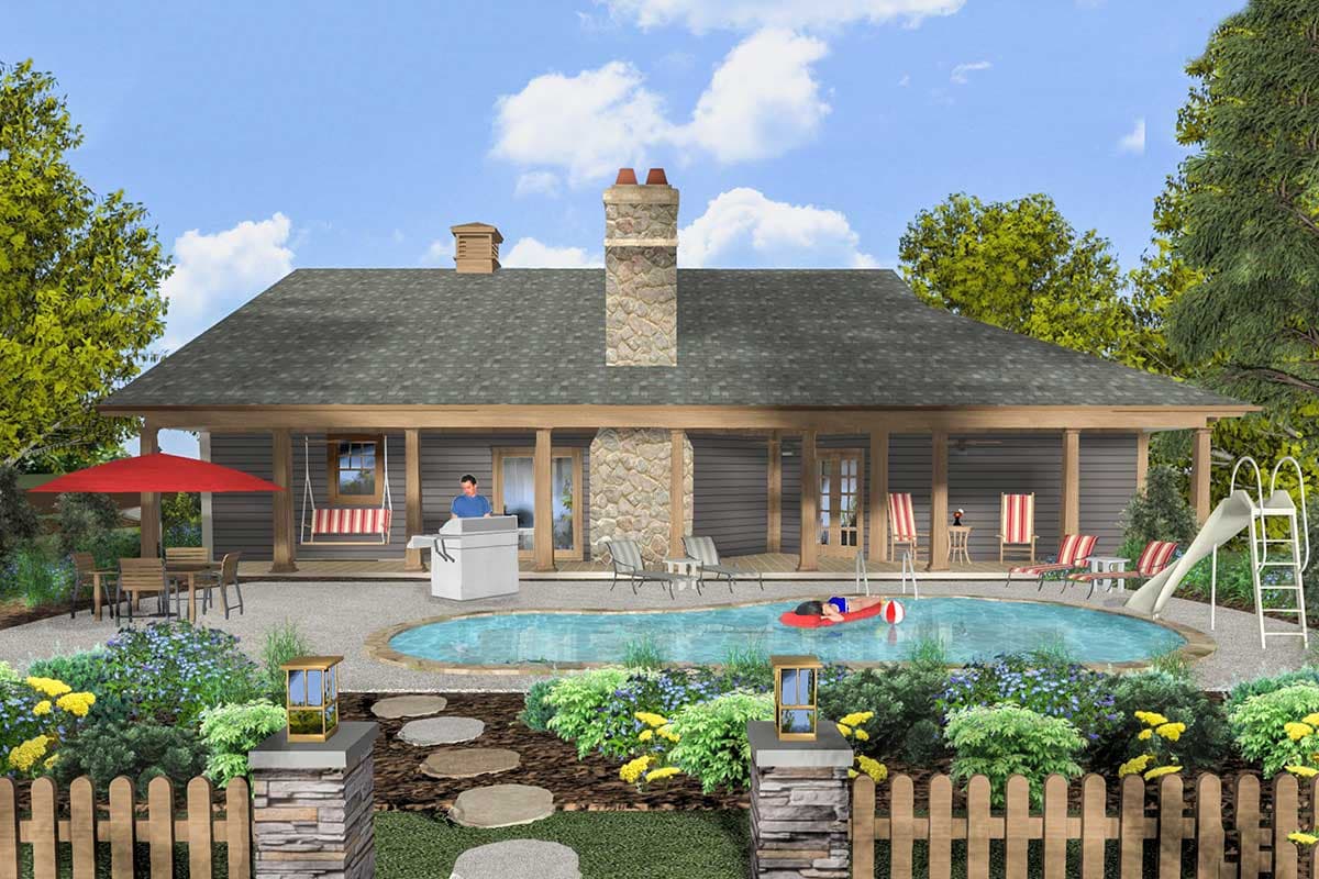 Ranch-style house plan exterior with a deep covered porch, stone chimney, and surrounding pool.