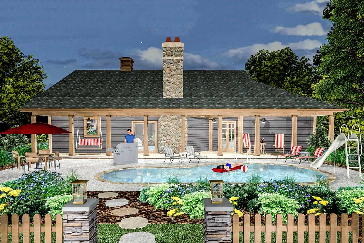 House plan exterior: Single-story home with a covered porch, stone chimney, gabled roof, and patio with a pool and slide.