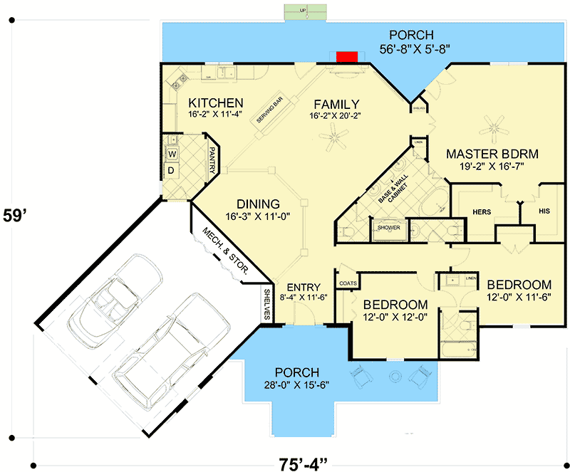 Plan 20157GA: Ranch House Plan with Split Beds - Floor Plan - Main Level - Country, Craftsman, Ranch