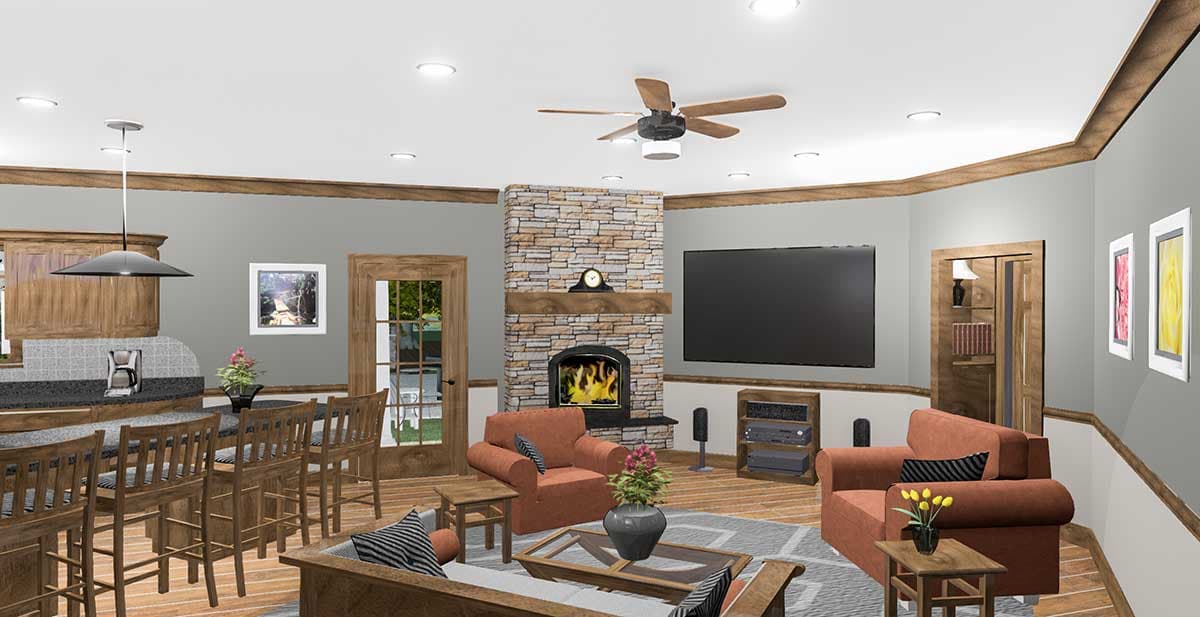 Interior rendering of open concept living room with stone fireplace, kitchen island with bar stools, and entertainment center.
