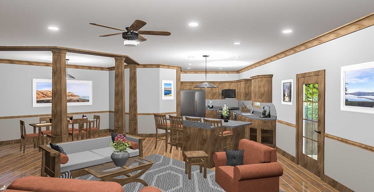 Open concept living area with kitchen island, dining area, and living room seating. Features wooden beams and columns.