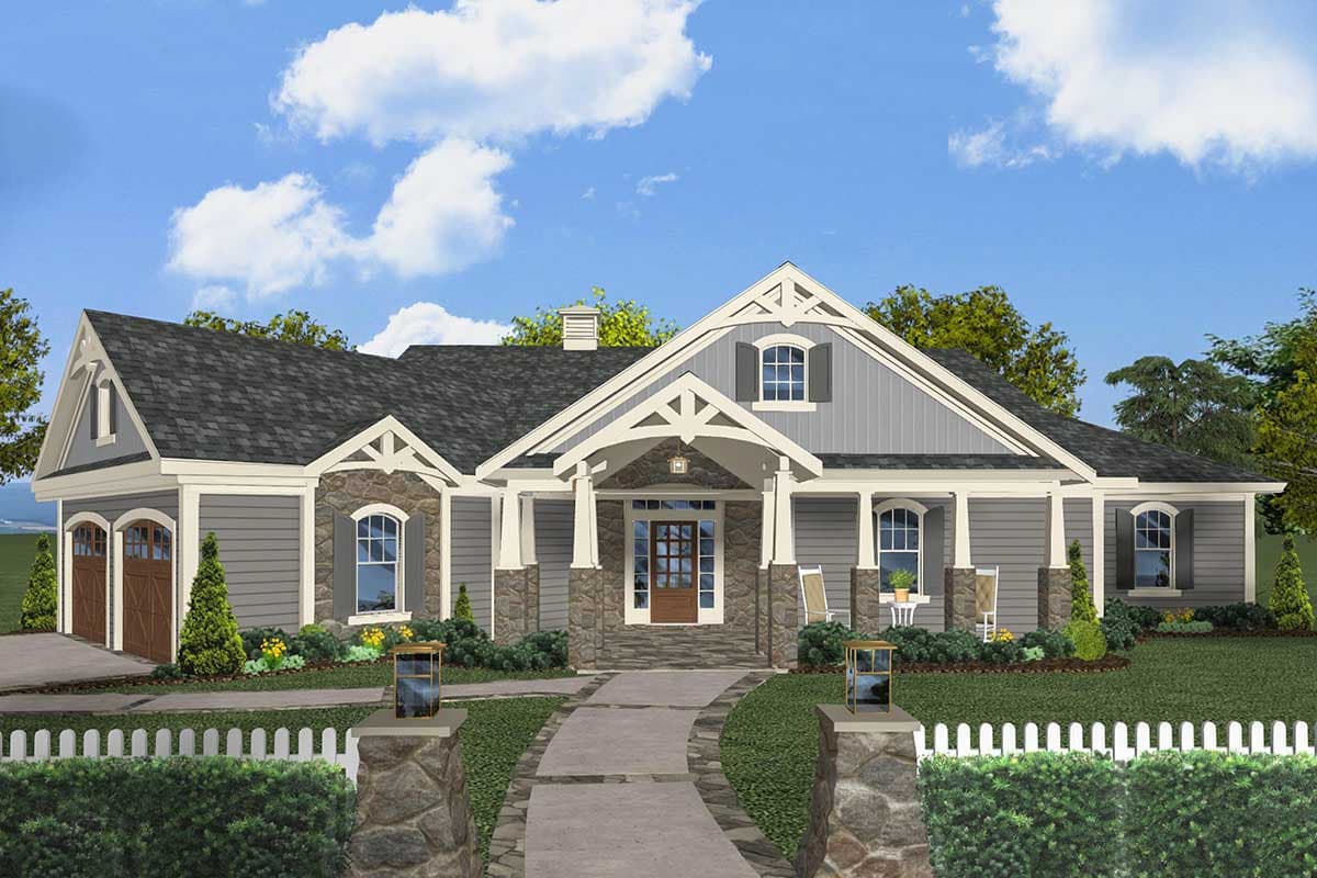 House plan exterior. Craftsman style, one-story home with front porch, stone accents, and gabled rooflines. Includes a detached garage.