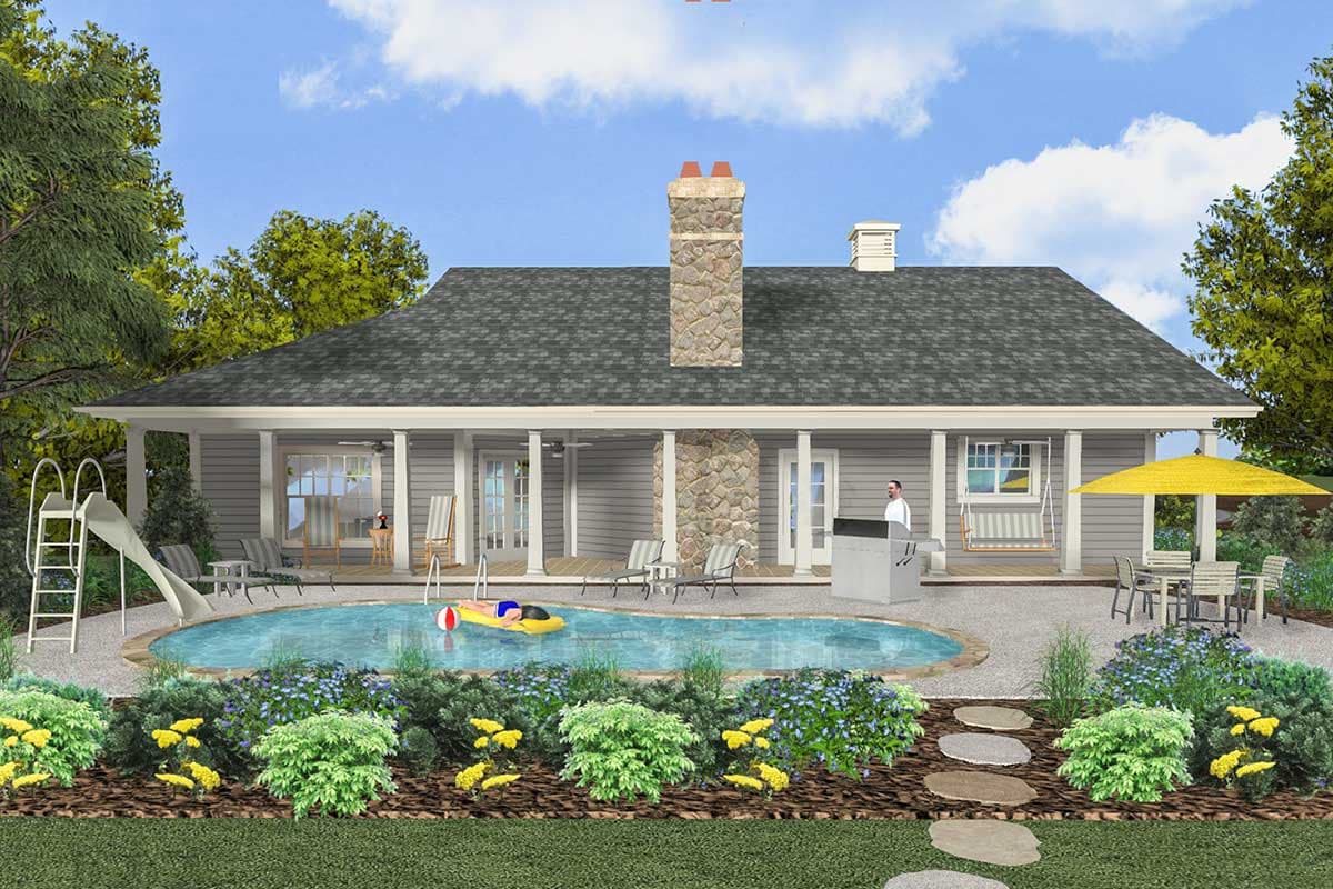 House plan exterior: Ranch style, single-story with a covered porch, stone chimney, and gabled roof.