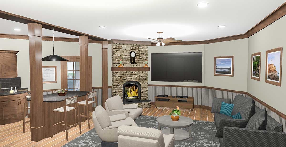 Interior rendering: Great room with stone fireplace, large TV, kitchen island with seating, and open layout.