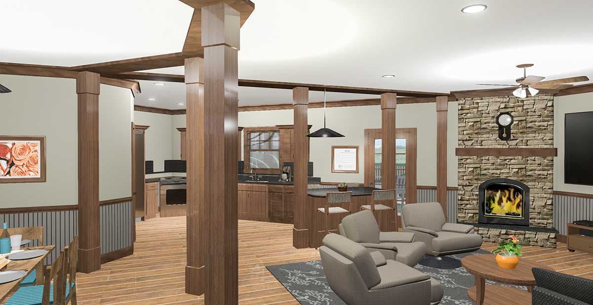 Open concept living area with stone fireplace, kitchen island with seating, and dining area. Wooden beams and columns throughout.