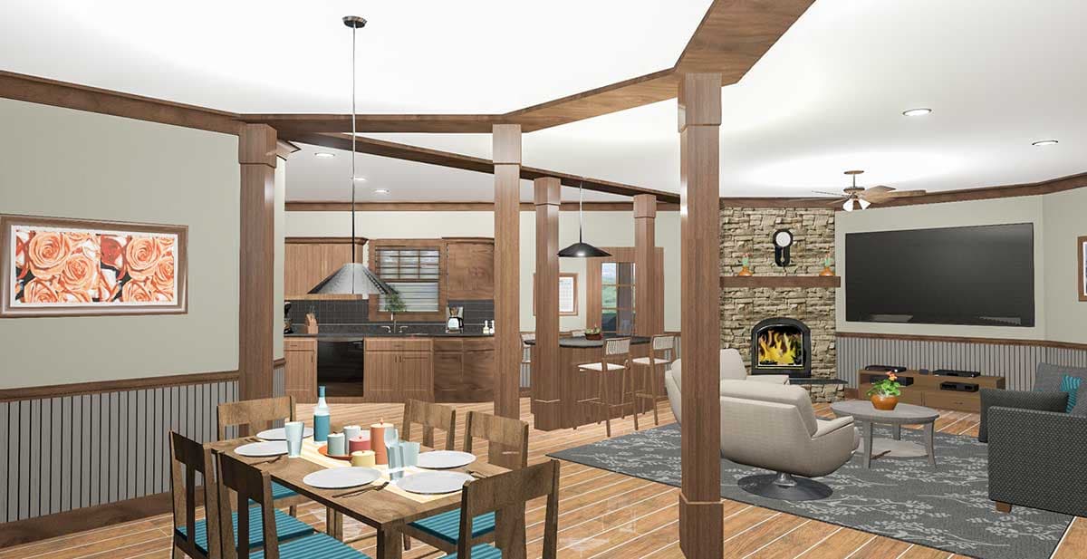 Open concept living space with kitchen, dining area with table, and great room with stone fireplace and television.