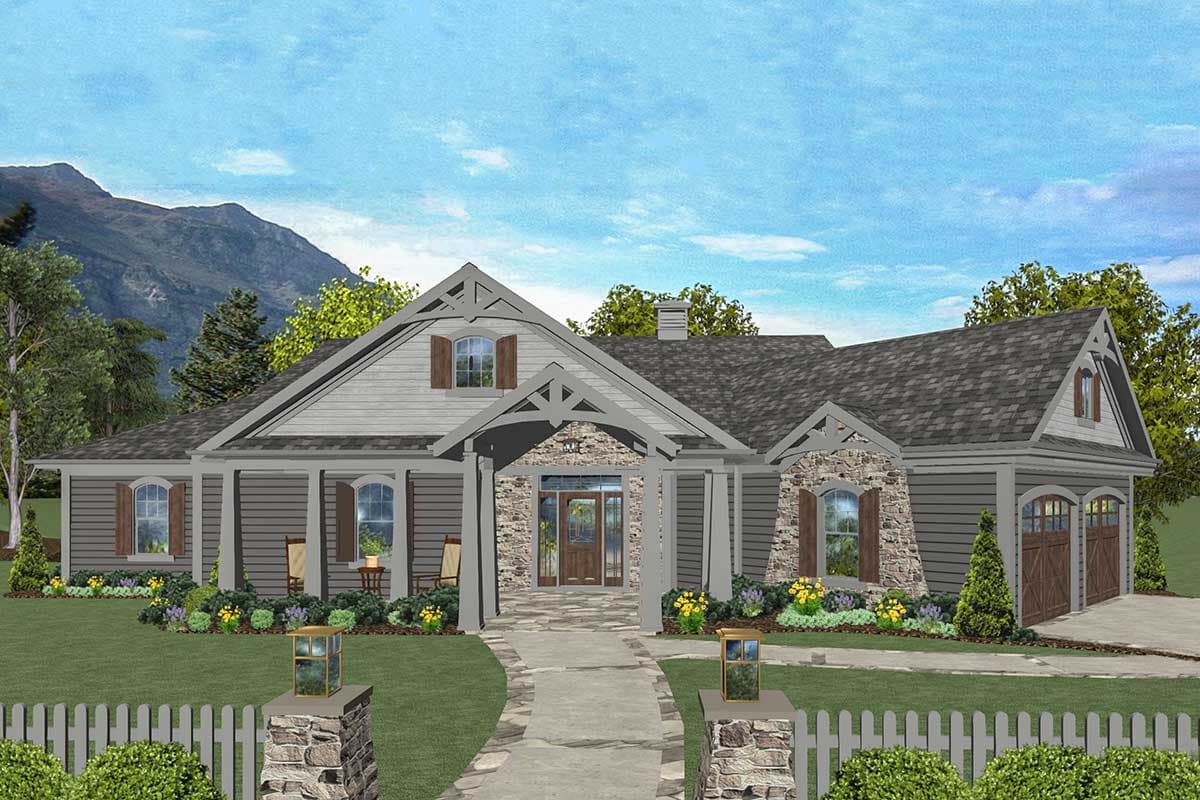 House plan exterior. Craftsman style, single-story home with covered porch, gabled rooflines, and stone accents.