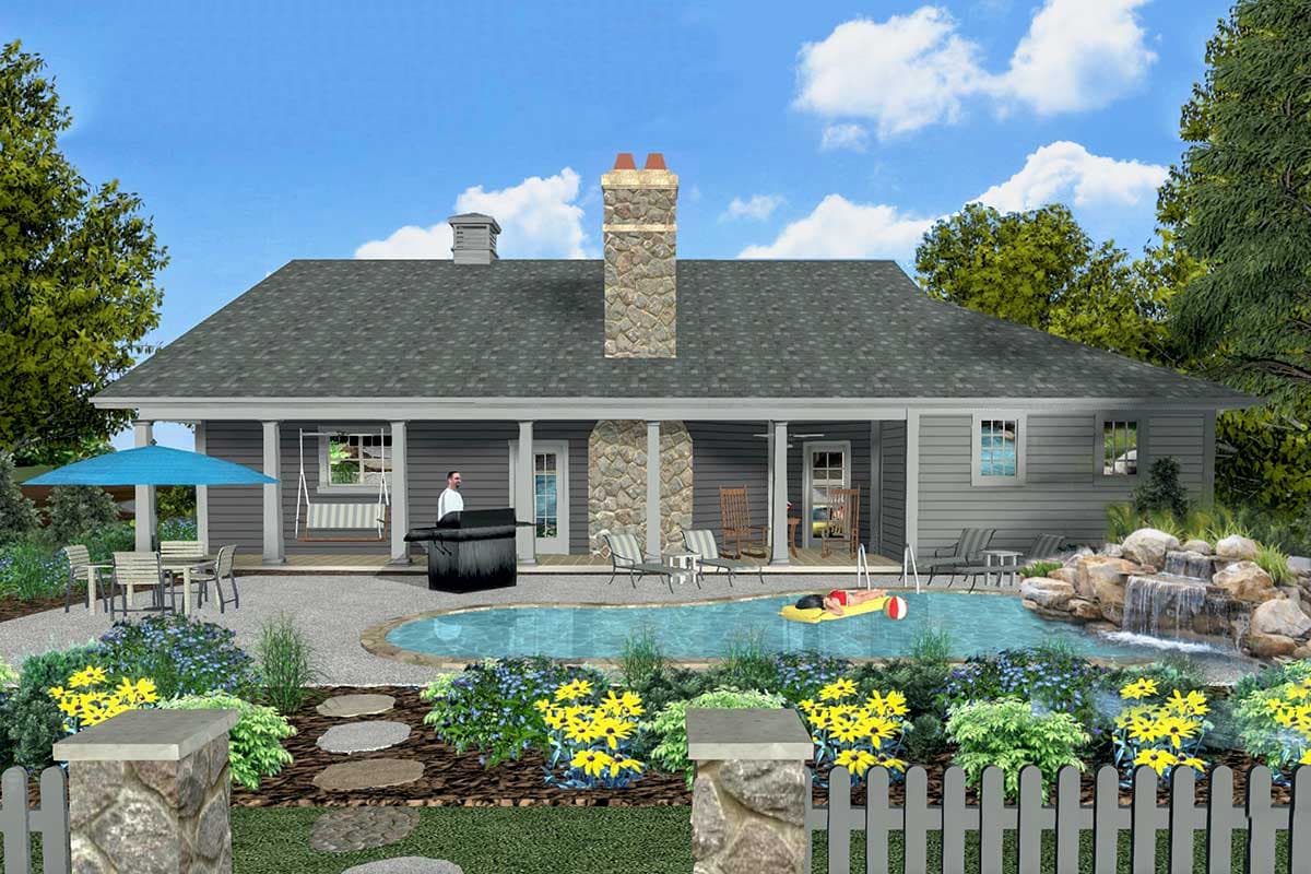 House plan exterior of single-story home with covered porch, stone chimney, pool with waterfall, and outdoor seating.
