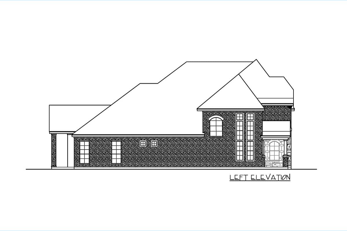 House plan left elevation drawing showing a brick facade with varied rooflines, a garage, arched and multi-pane windows, and a portico.