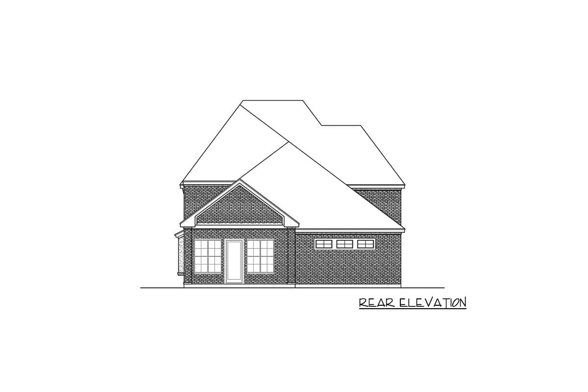 Rear elevation drawing of a brick house plan with a gable and varied rooflines.