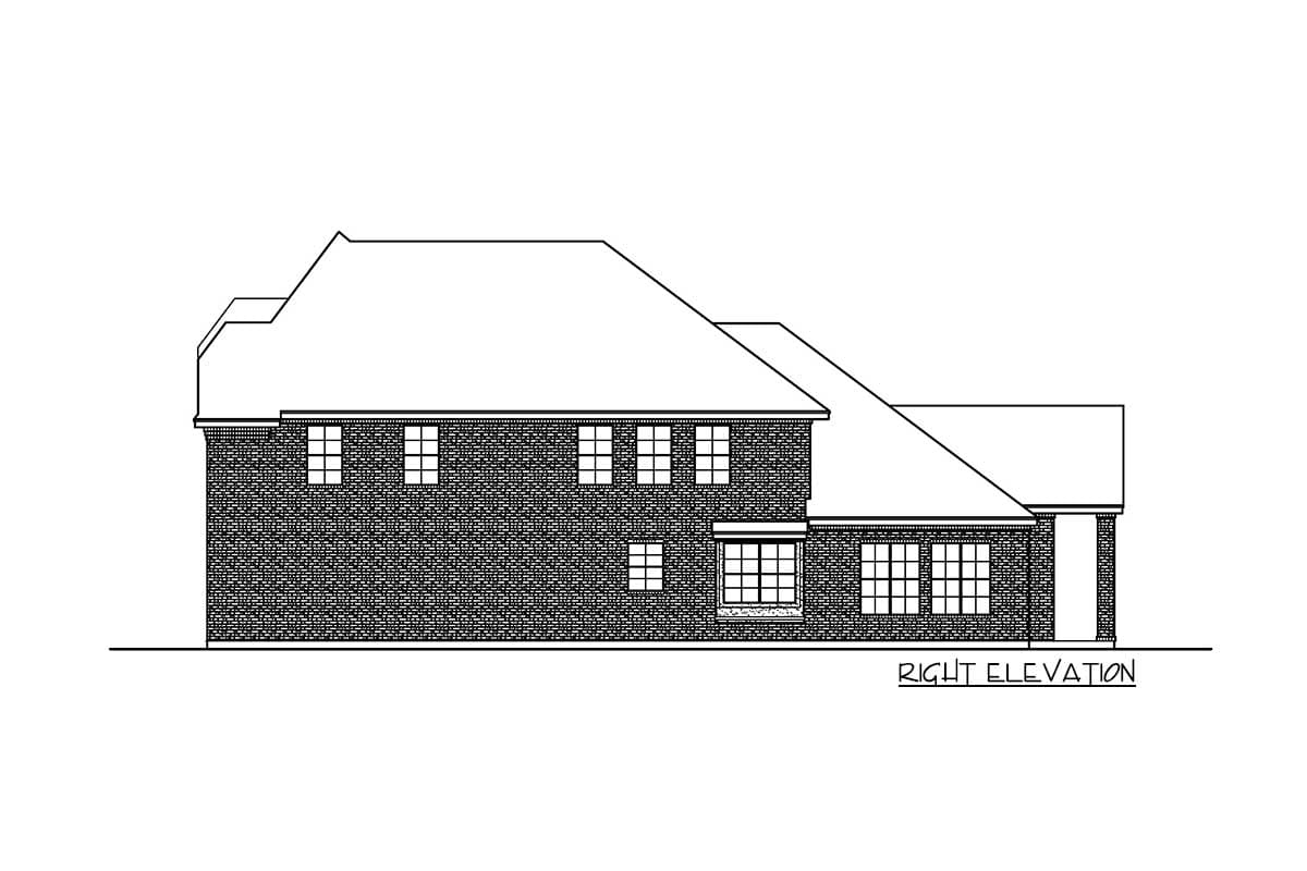 Right elevation drawing of a two-story brick house with multiple gables and a side-entry garage.