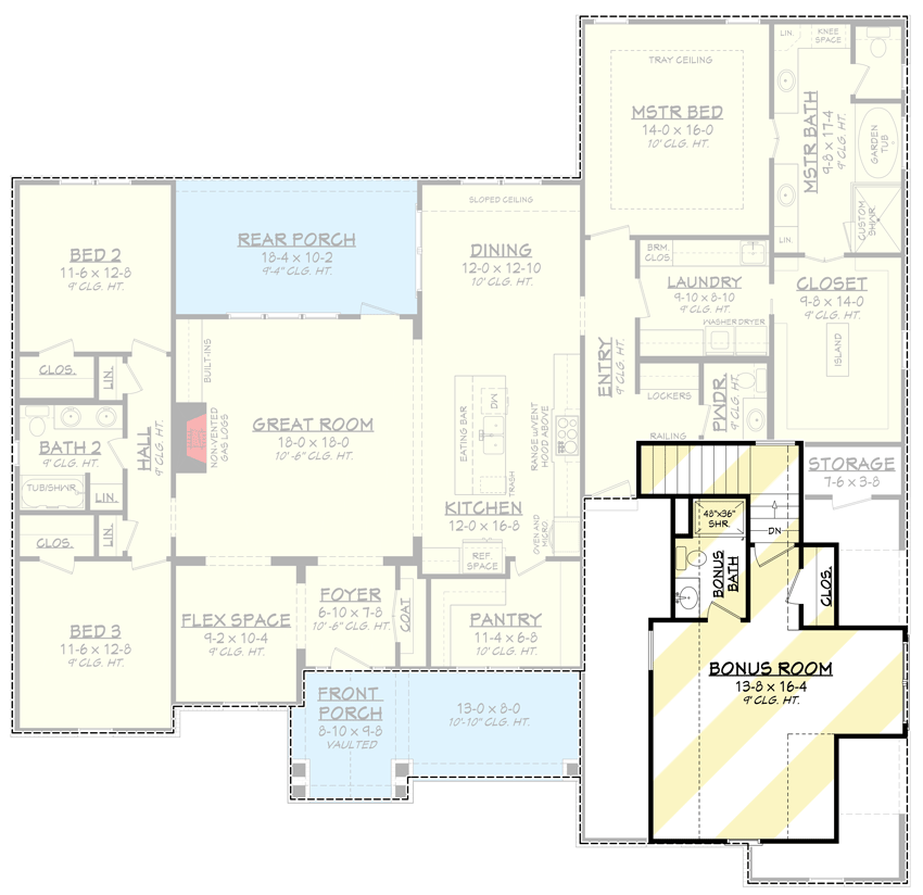Plan 51806HZ: New American House Plan with Volume Ceilings Throughout - 2358 Sq Ft - Floor Plan - Bonus Over Garage - Country, Craftsman, New American