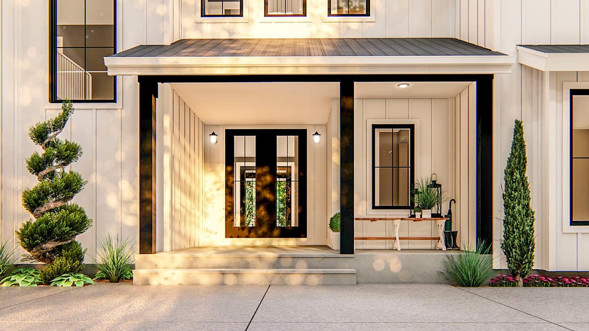 Modern Farmhouse house plan exterior with covered porch, double front doors, and vertical siding.