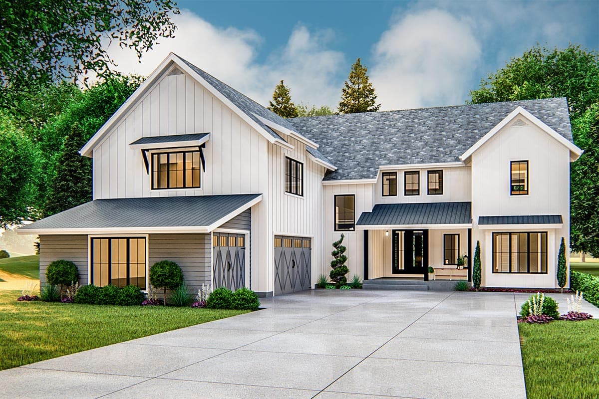 House plan exterior rendering. Modern Farmhouse style with two stories, board and batten siding, multiple gables, and a front-entry garage.