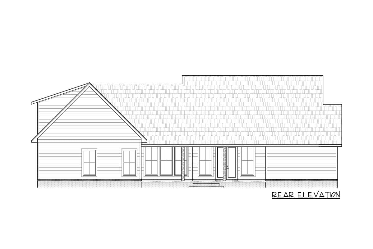 Rear elevation of a house plan, showing a single-story home with a gabled roof section and porch with multiple windows and a door.