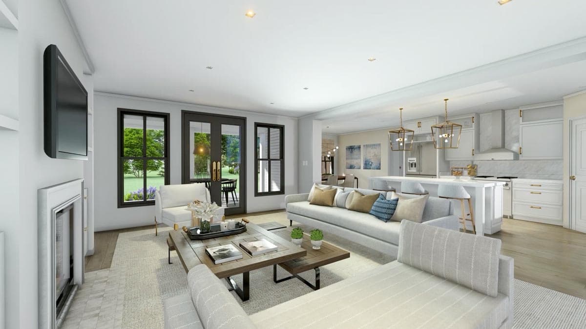 A modern, open-concept living space with a kitchen visible in the background. Features include a fireplace, large windows, and contemporary furniture.