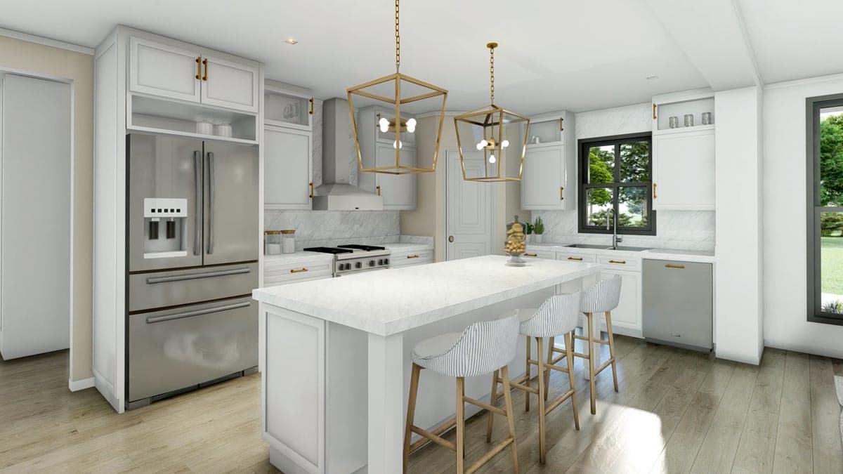 Modern, bright kitchen with white cabinets, marble countertops, and a large island with striped bar stools. Two gold pendant lights hang overhead.