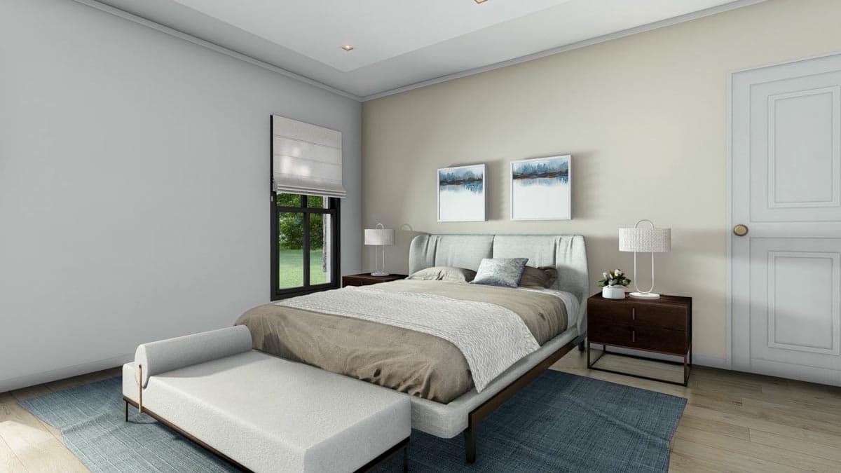 A modern bedroom with a bed, bench, and two bedside tables. Artwork hangs above the bed and a window with a view is on the left.