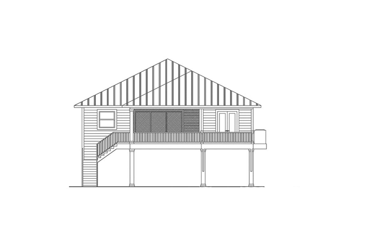 House plan exterior drawing showing a raised single-story house with a metal roof, screened porch, and deck.