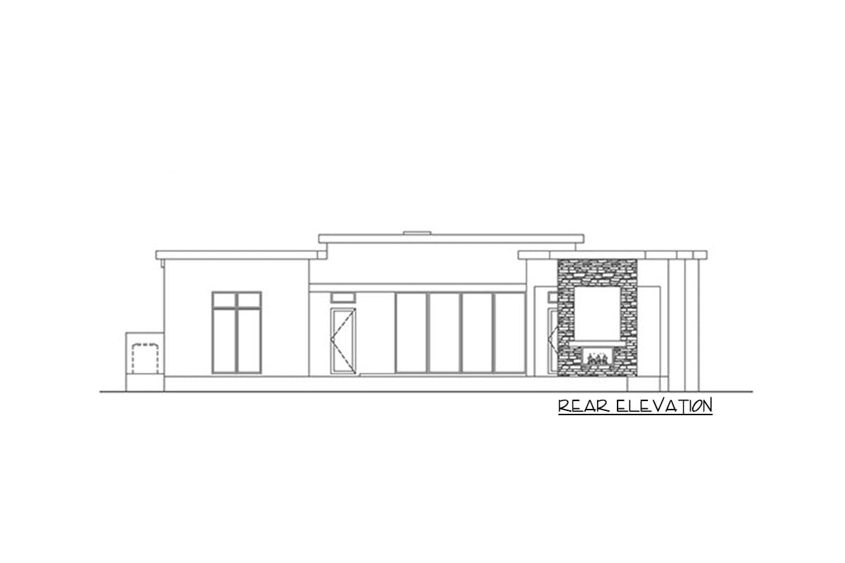 Rear elevation drawing of a single-story house with a flat roof, glass doors, and stone-clad exterior fireplace.