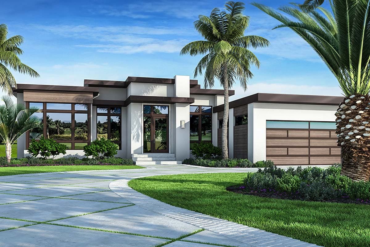 House plan exterior. Modern style, one-story home with flat rooflines, large windows, and an attached garage. Palm trees in the foreground.