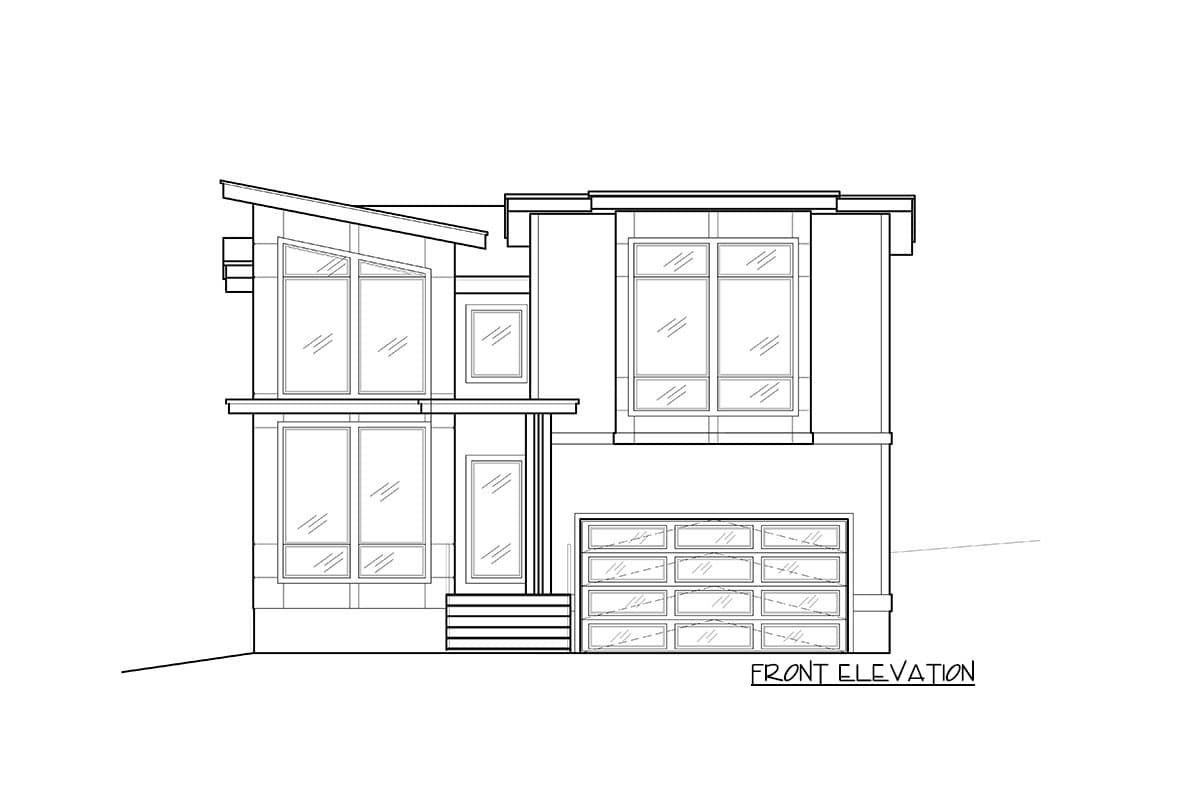Front elevation drawing of a two-story modern house with a sloped roof, multiple windows, and an attached garage.