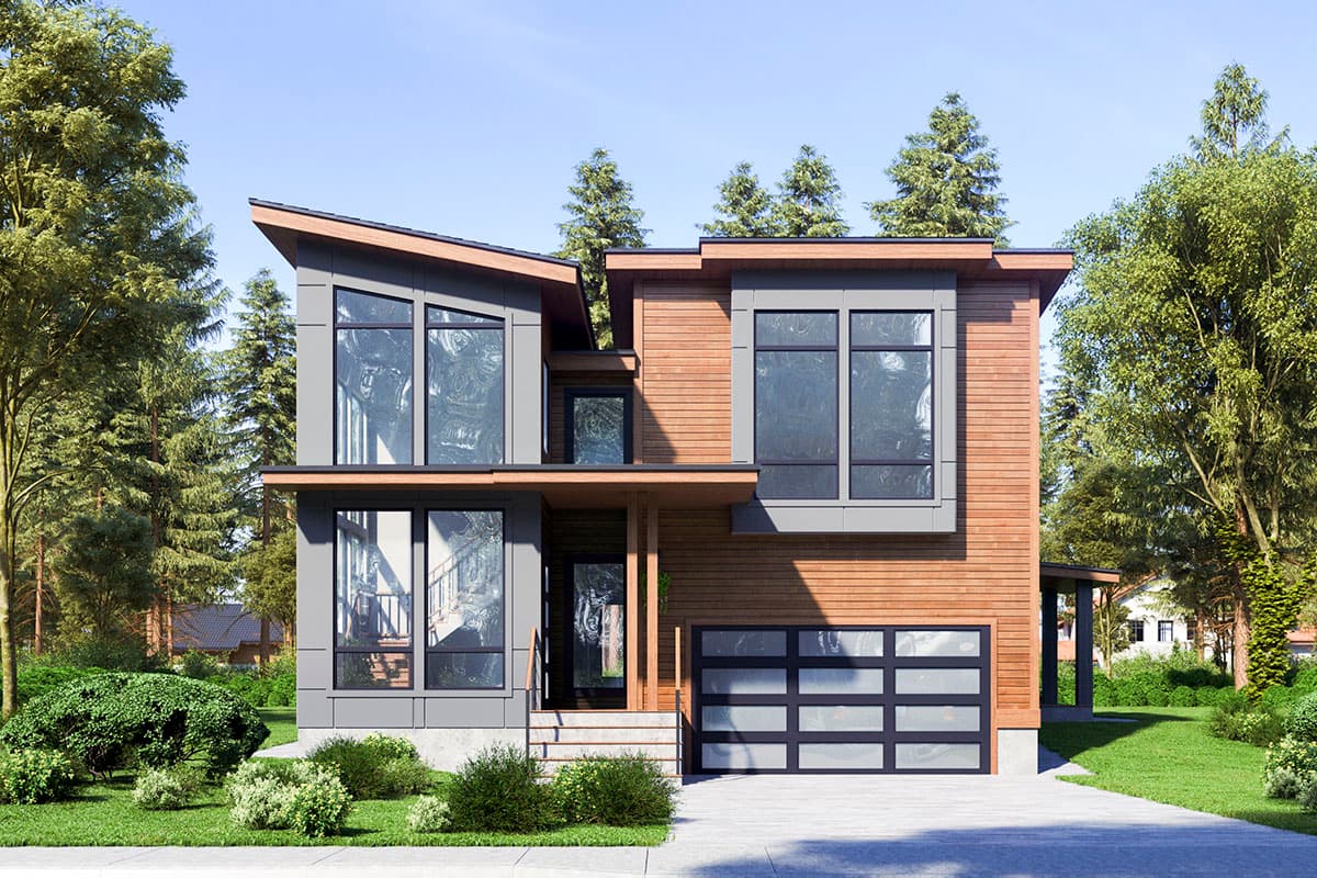 Modern house plan exterior with two stories. Features include clerestory windows, shed roof, wood siding, and an attached garage.