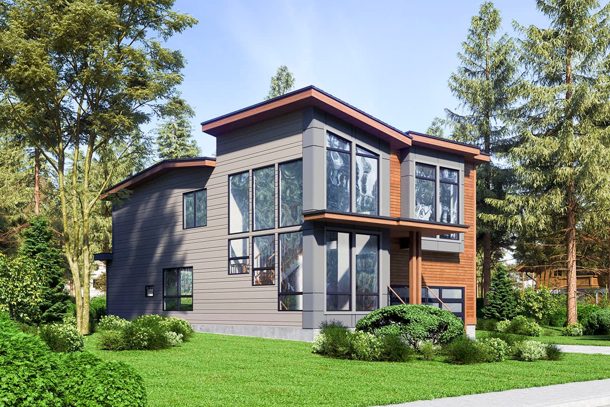 Modern two-story house plan exterior with large windows, layered rooflines, and wood and gray siding.