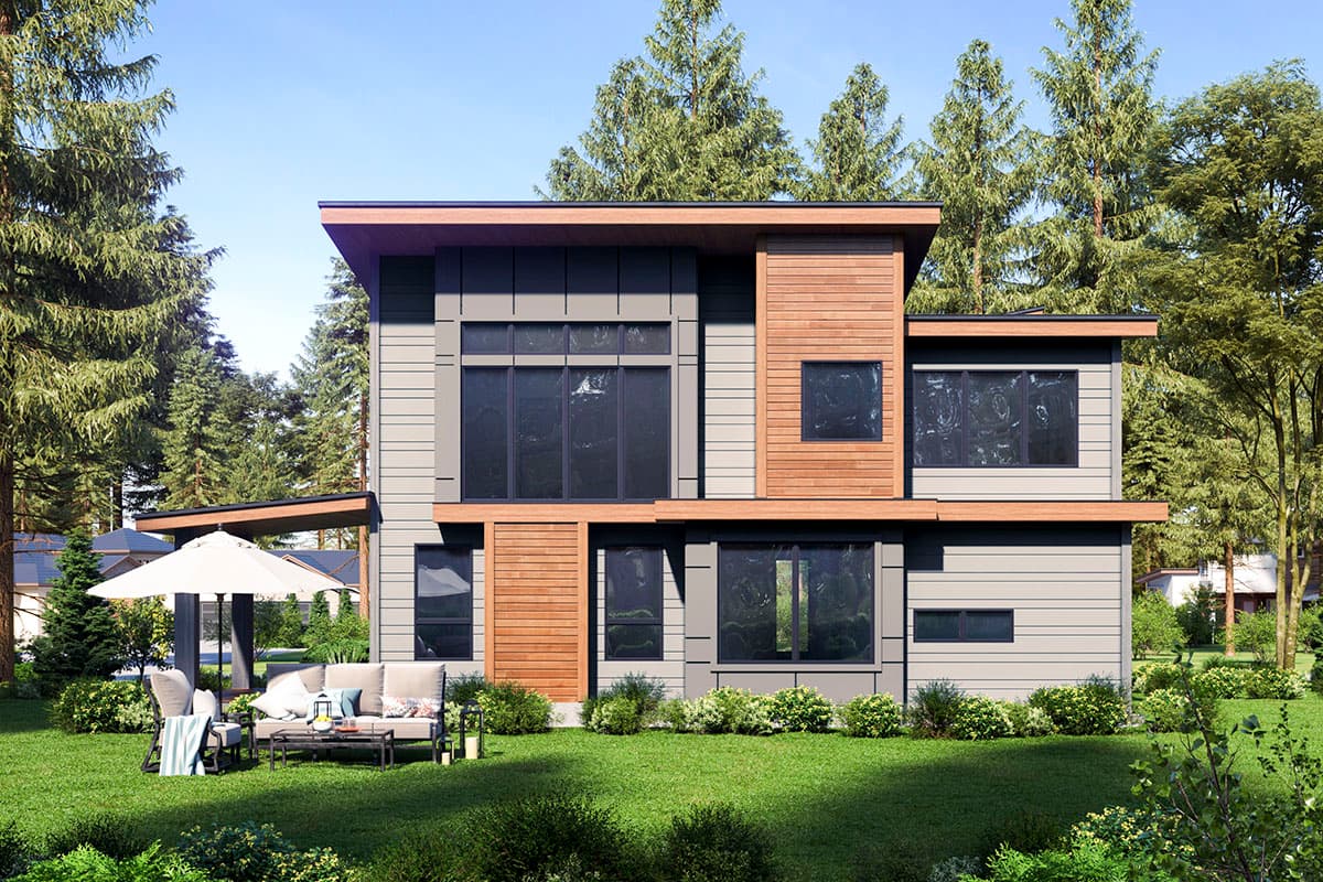 Modern two-story house plan exterior with large windows, wood and gray siding, and a covered patio area.