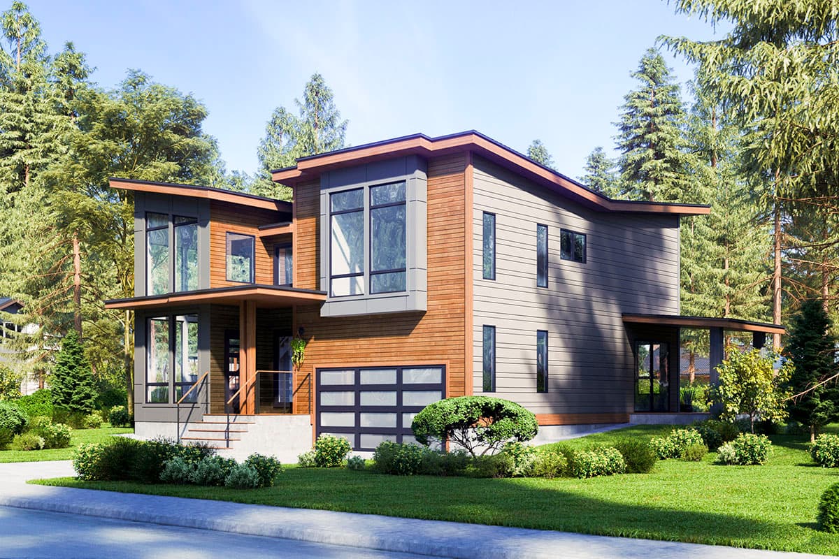 Modern house plan exterior, two stories, with cantilevered upper level, large windows, and glass garage door.